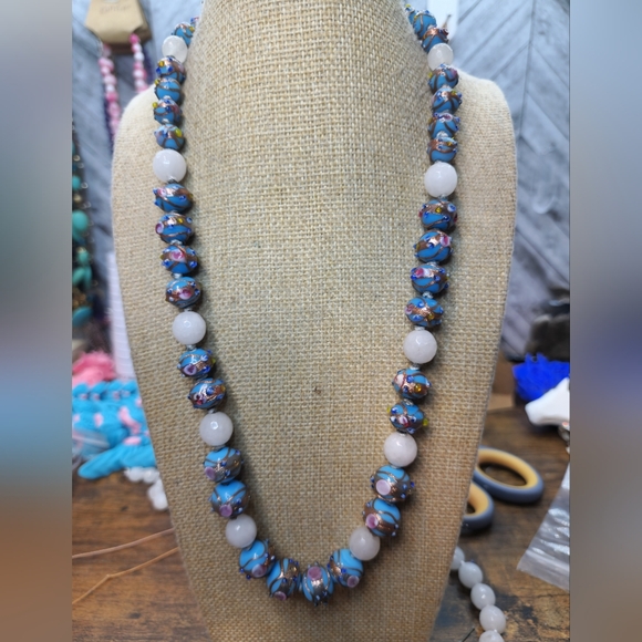 Blue Wedding Cake and Facted white Jade 22 inch  necklace - Picture 4 of 9